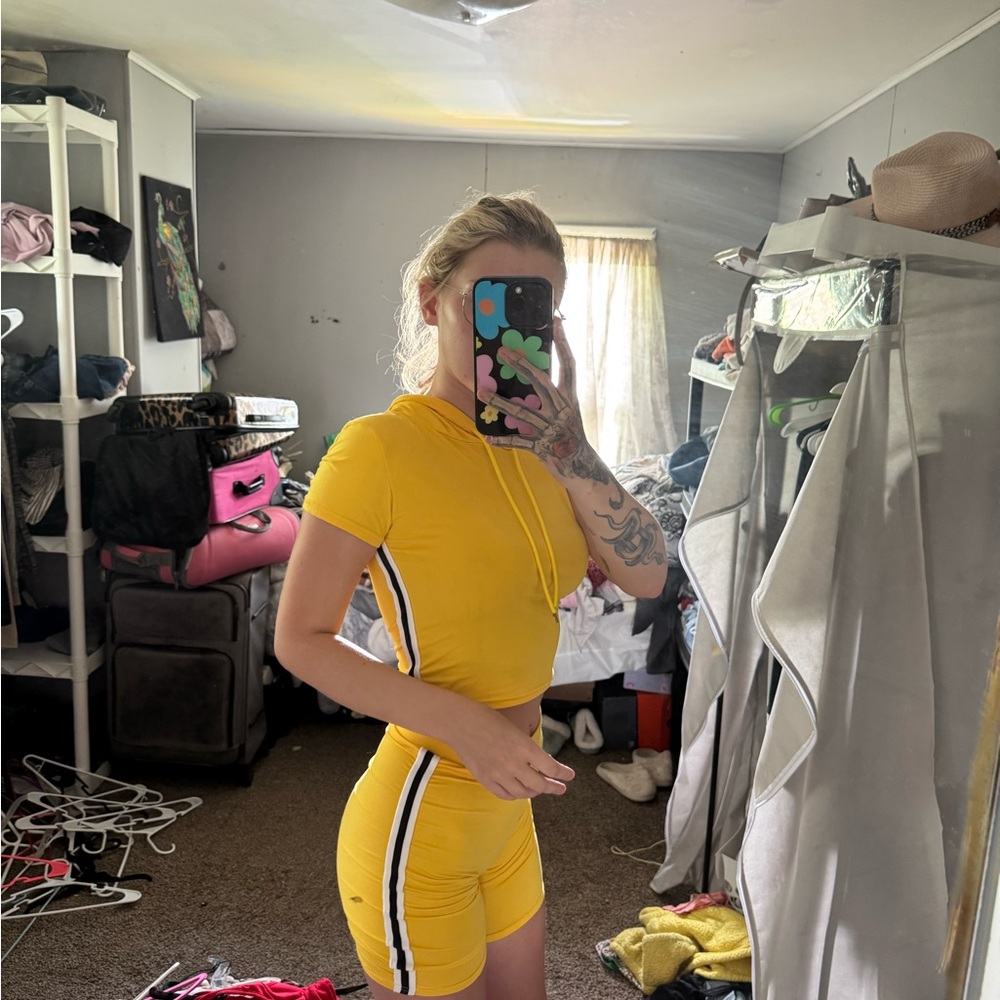SHEIN Yellow Two-Piece Set with Black and White Stripes